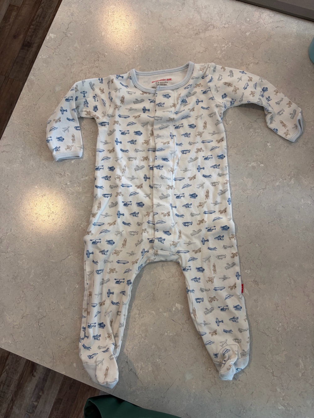 Magnetic Me White Footed One-Piece with Blue and Tan Airplane Print